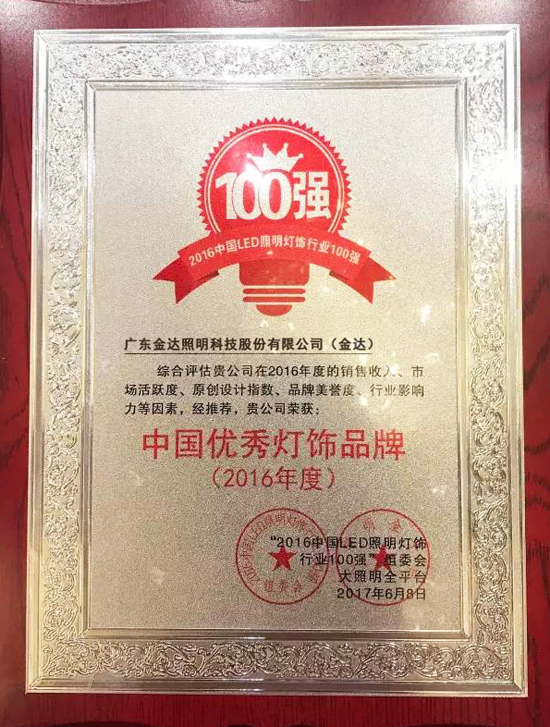 品牌榮譽(yù)|金達(dá)照明獲“2016年度中國(guó)優(yōu)秀燈飾品牌”殊榮 品牌榮譽(yù)|金達(dá)照明獲“2016年度中國(guó)優(yōu)秀燈飾品牌”殊榮
